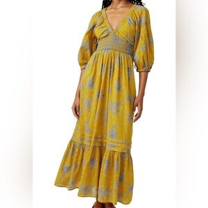 Free People Yellow and Blue Long Sleeve Dress